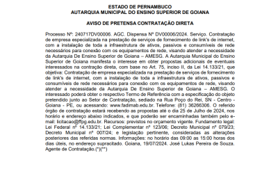 Aviso de pretensa contratação direta.